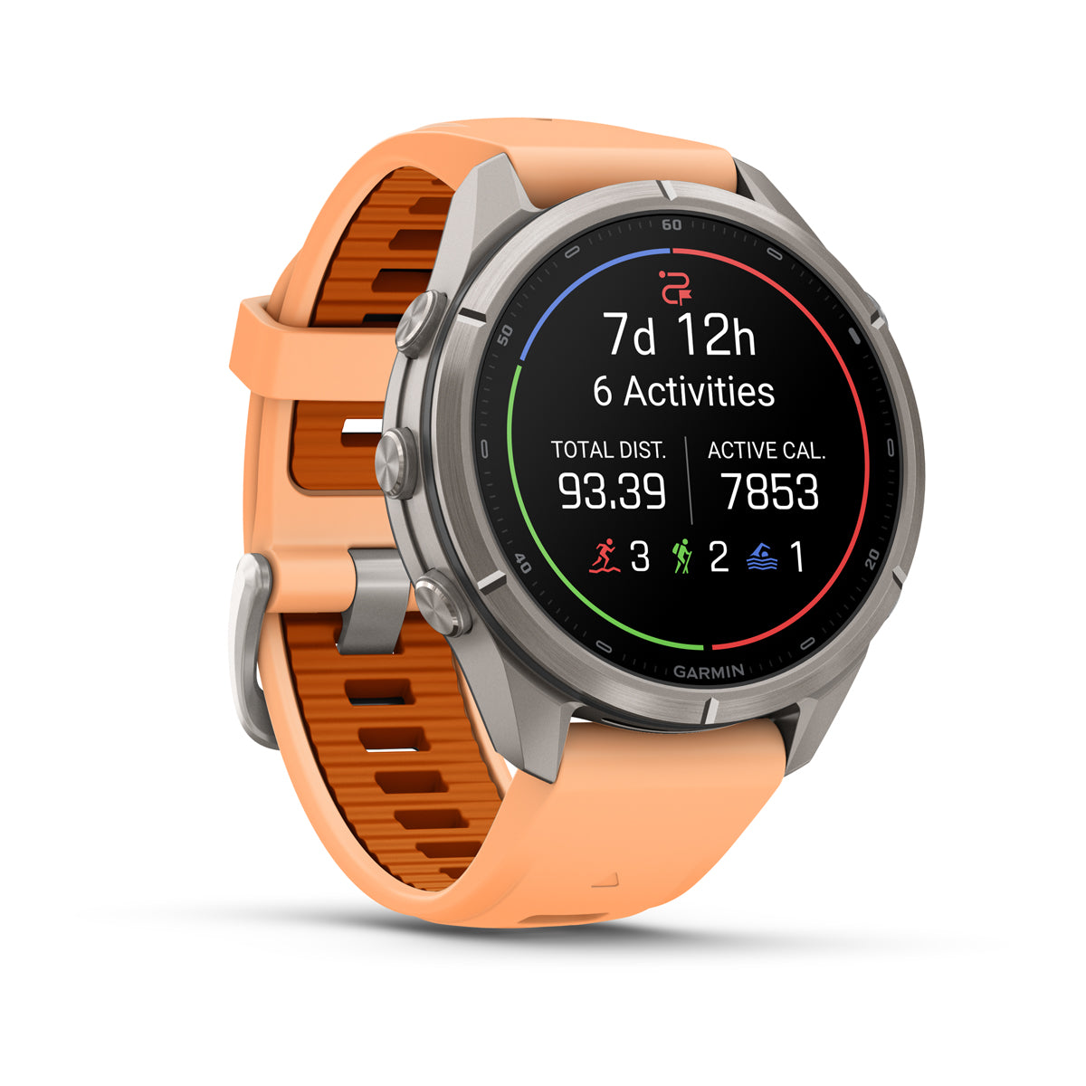 Garmin Fenix 9 Pro 43 mm, Titanium with Shell Pink/Autumn Orange band, angled view