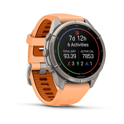 Garmin Fenix 9 Pro 43 mm, Titanium with Shell Pink/Autumn Orange band, angled view