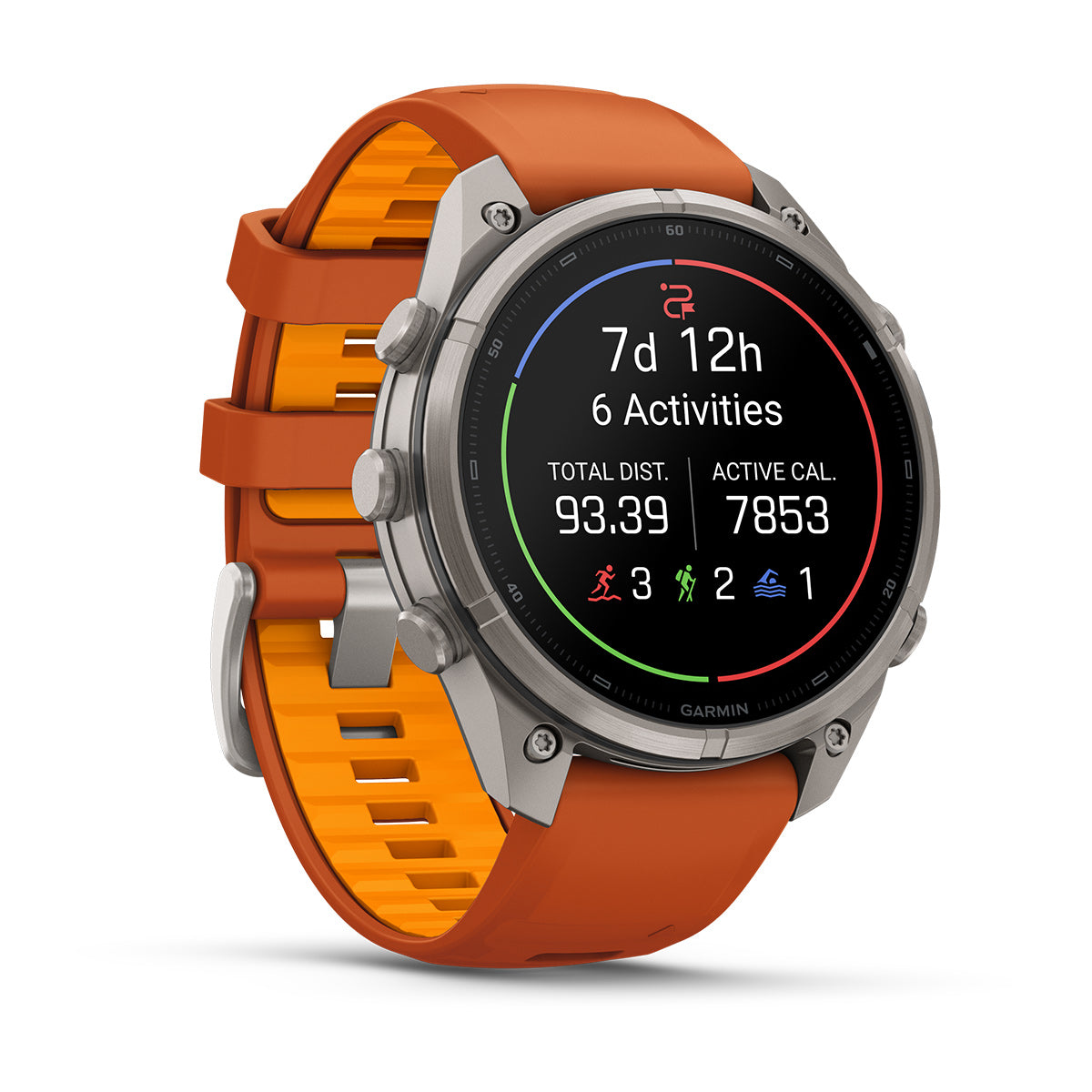 Garmin Fenix 9 Pro 47 mm, Titanium with Autumn Orange/Spark Orange band, angled view