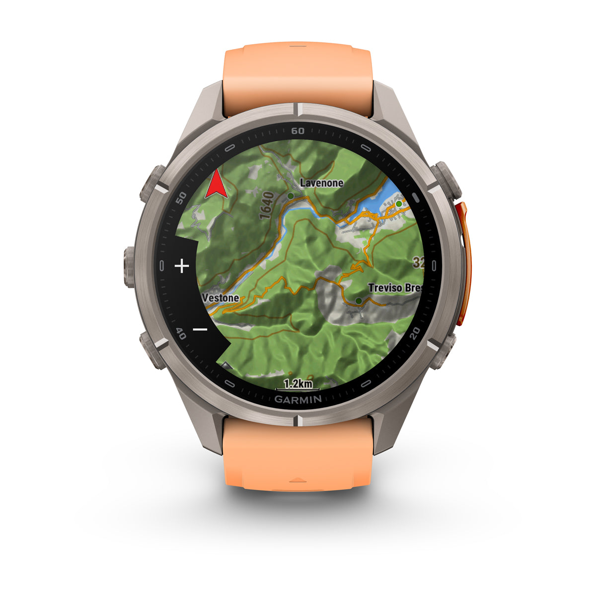 Garmin Fenix 9 Pro inReach front view showing a topographic map