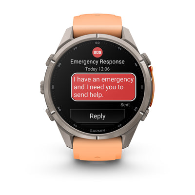 Garmin Fenix 9 Pro inReach front view showing an emergency SOS message