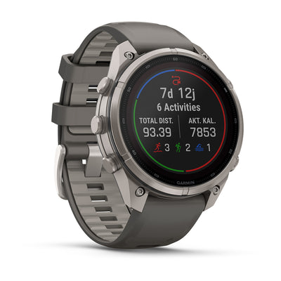 Garmin Fenix 9 Pro inReach Solar angled view showing weekly activity totals