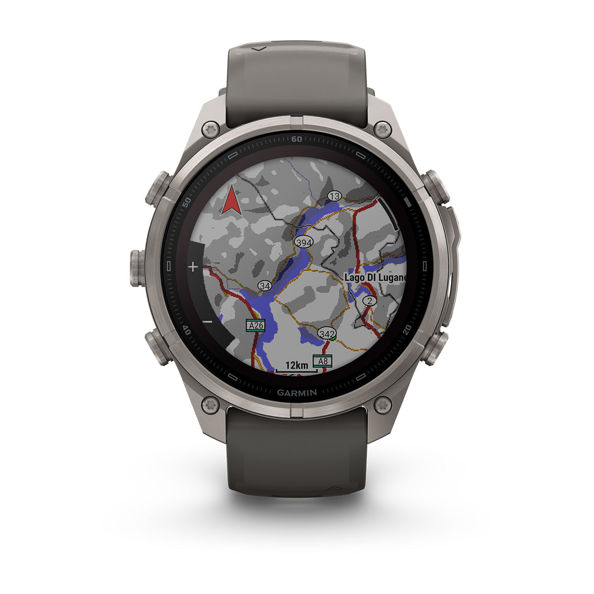 Garmin Fenix 9 Pro inReach Solar front view showing a trail map