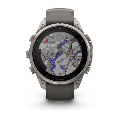 Garmin Fenix 9 Pro inReach Solar front view showing a trail map