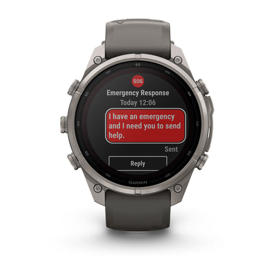 Garmin Fenix 9 Pro inReach Solar front view showing an emergency SOS message