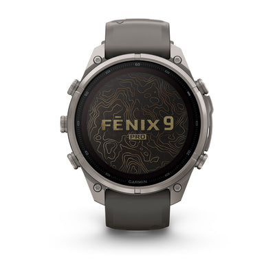 Garmin Fenix 9 Pro inReach Solar front view showing the Fenix 9 Pro start screen