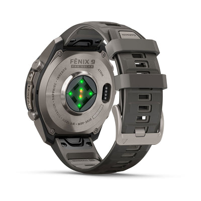 Garmin Fenix 9 Pro inReach Solar underside showing the optical heart rate sensor