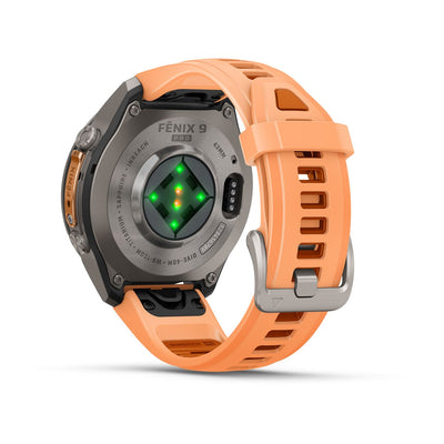 Garmin Fenix 9 Pro inReach underside showing the optical heart rate sensor