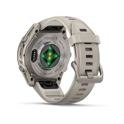 Garmin Fenix 9 underside showing the optical heart rate sensor