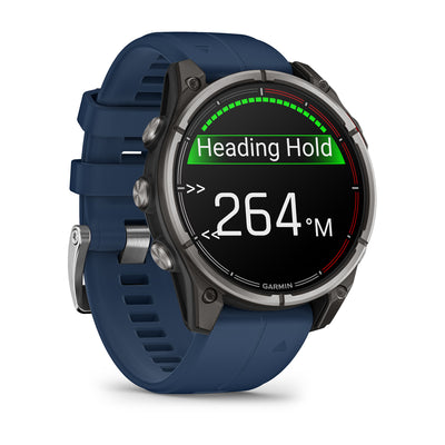 Garmin Quatix 8 AMOLED angled view showing the autopilot heading hold screen