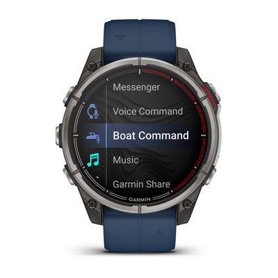 Garmin Quatix 8 AMOLED front view showing the Boat Command menu