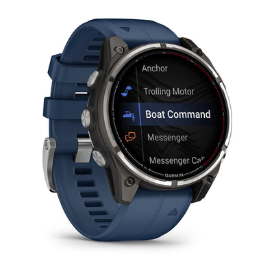 Garmin Quatix 8 Pro AMOLED angled view showing the Boat Command menu