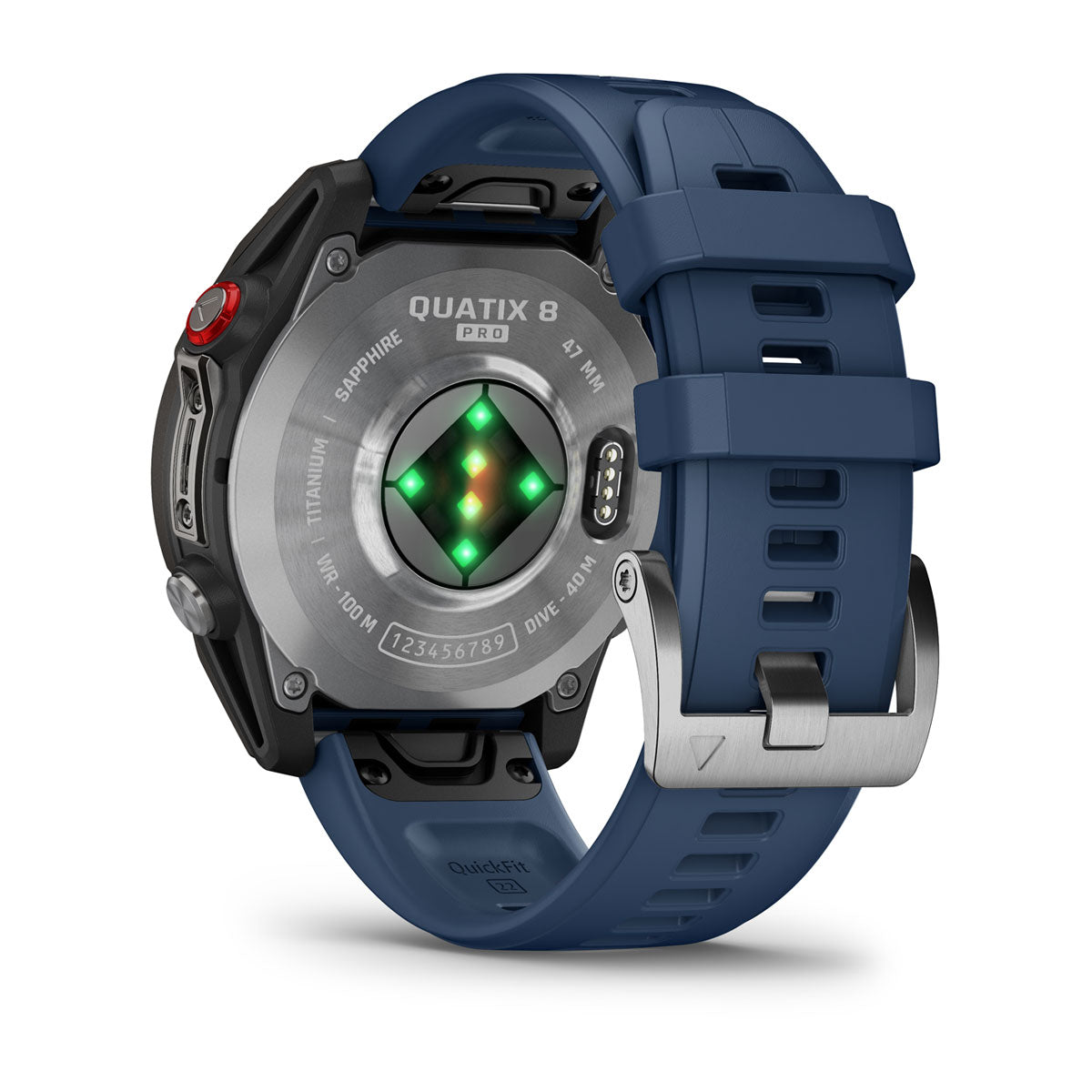 Garmin Quatix 8 Pro AMOLED underside showing the optical heart rate sensor