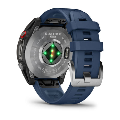 Garmin Quatix 8 Pro AMOLED underside showing the optical heart rate sensor