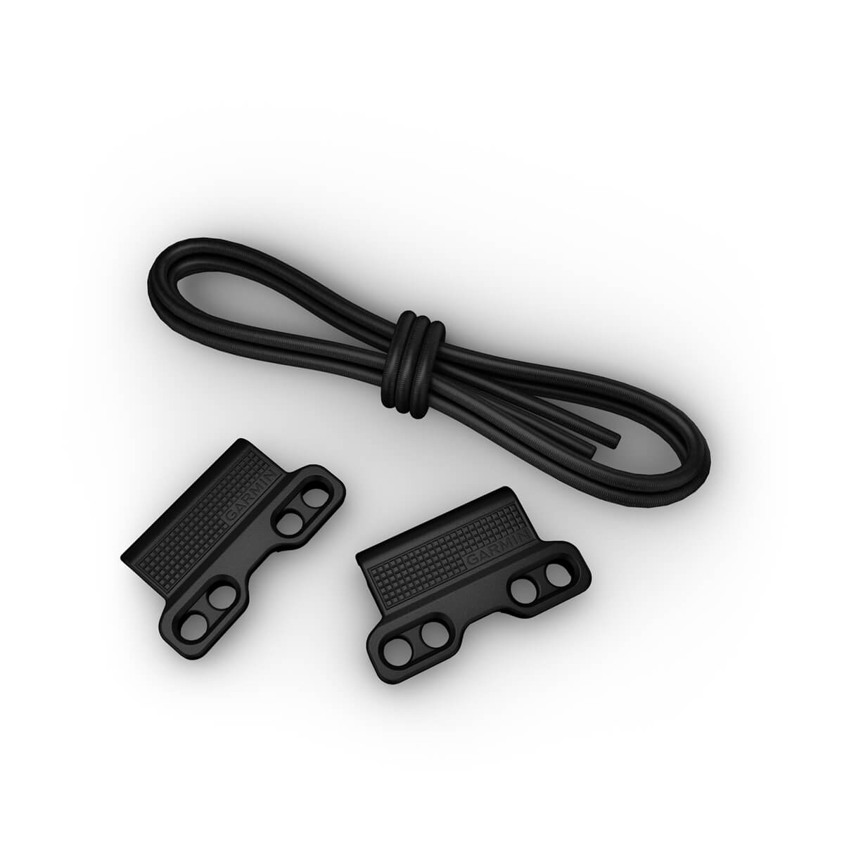 Two Garmin QuickFit 26 mm band mounts and the bungee cord laid out