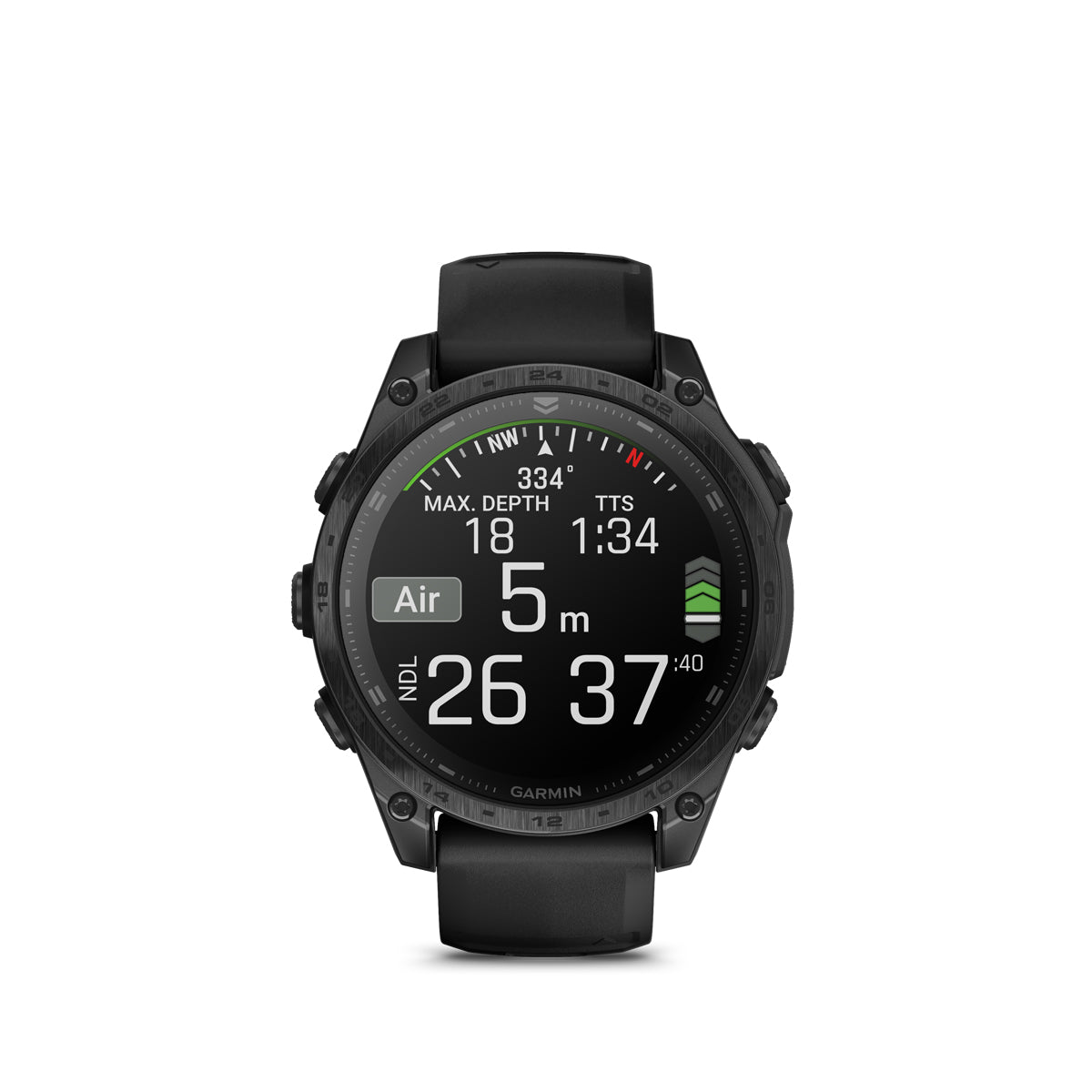 Garmin Tactix 8 AMOLED front view showing the dive screen with depth, NDL and dive time