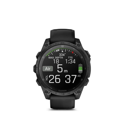 Garmin Tactix 8 AMOLED front view showing the dive screen with depth, NDL and dive time