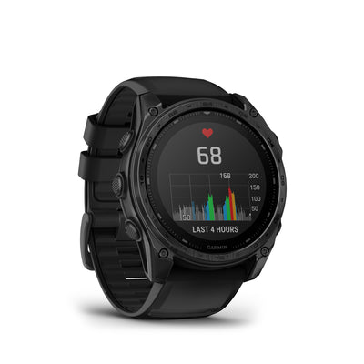 Garmin Tactix 8 Solar angled view showing a heart rate graph