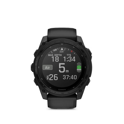 Garmin Tactix 8 Solar front view showing the dive screen with depth, NDL and dive time