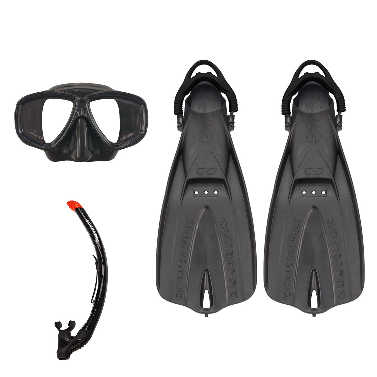 SCUBAPRO Ecco mask and snorkel in black, with GO Travel fins in black