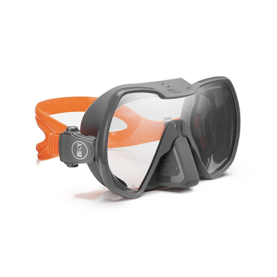 Fourth Element Seeker dive mask in grey with a clear Clarity lens and an orange strap