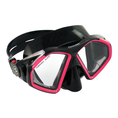 Aqua Lung Hawkeye twin lens snorkelling mask in black with pink lens surrounds, three-quarter view