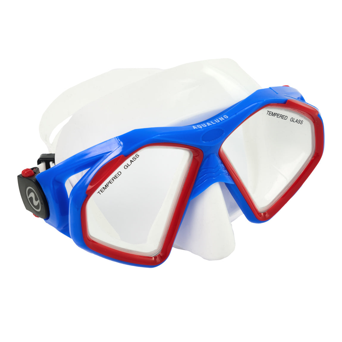Aqua Lung Hawkeye twin lens snorkelling mask with a blue frame, red lens surrounds and a clear skirt