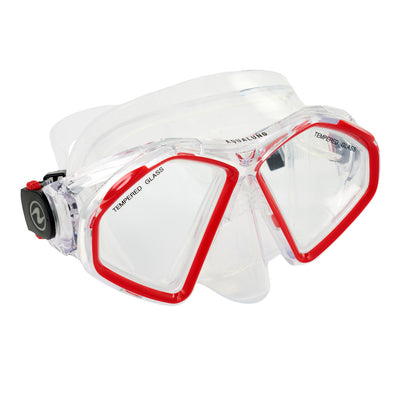 Aqua Lung Hawkeye twin lens snorkelling mask with a clear skirt and red lens surrounds, three-quarter view