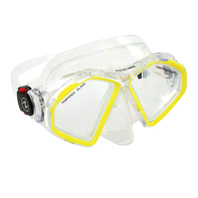 Aqua Lung Hawkeye twin lens snorkelling mask with a clear skirt and yellow lens surrounds, three-quarter view