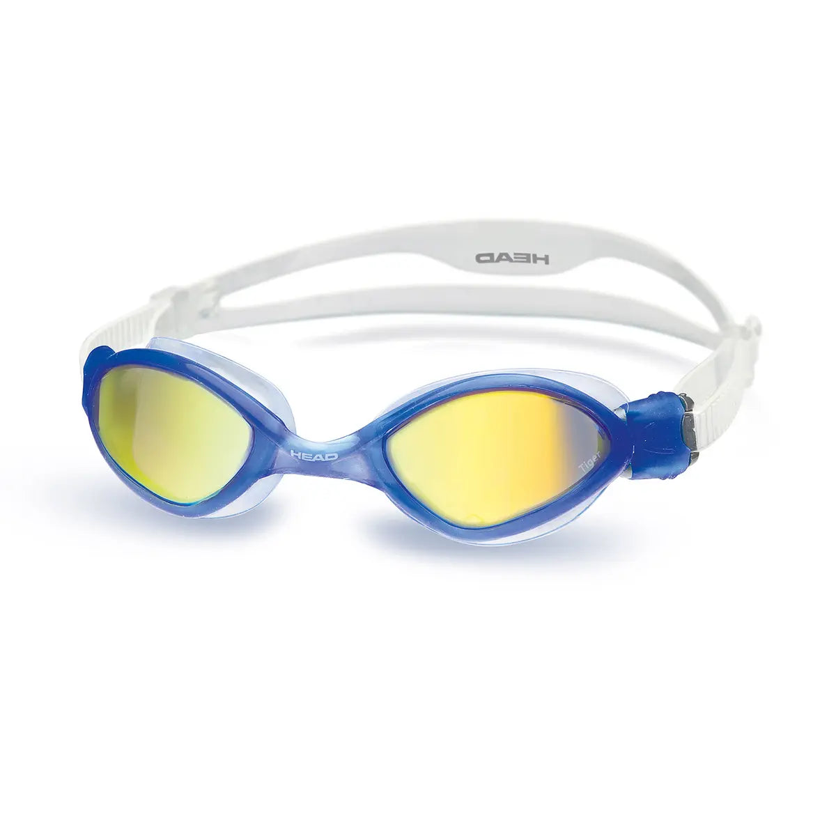 HEAD Tiger LSR+ Mirrored swim goggles with blue frame, mirrored lenses and clear strap