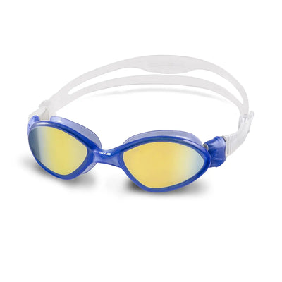HEAD Tiger Mid Mirrored swim goggles with blue frame, gold mirrored lenses and clear strap