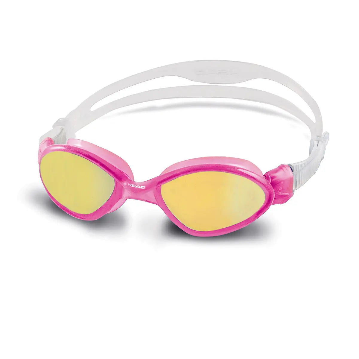 HEAD Tiger Mid Mirrored swim goggles with pink frame, gold mirrored lenses and clear strap