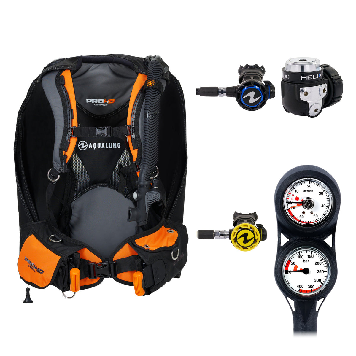 Aqua Lung Pro HD Compact BCD in black and orange, Helix Compact regulator and two-gauge console, with the Helix Compact Octopus Pro octopus