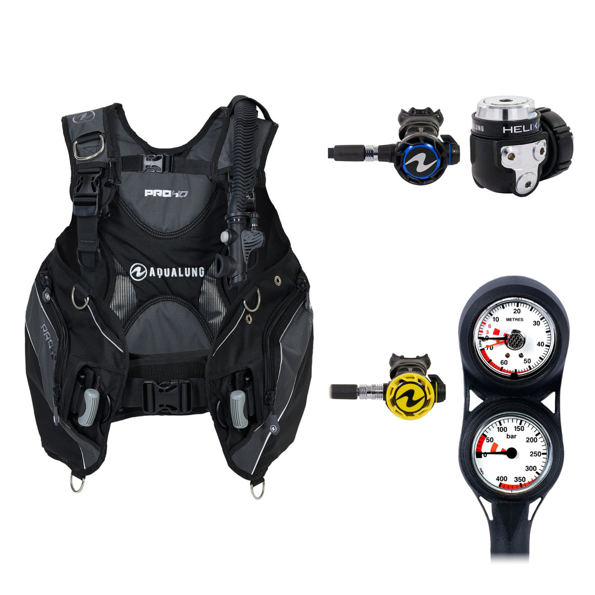 Aqua Lung Pro HD men's BCD in black and grey, Helix Compact regulator and two-gauge console, with the Helix Compact Octopus Pro octopus
