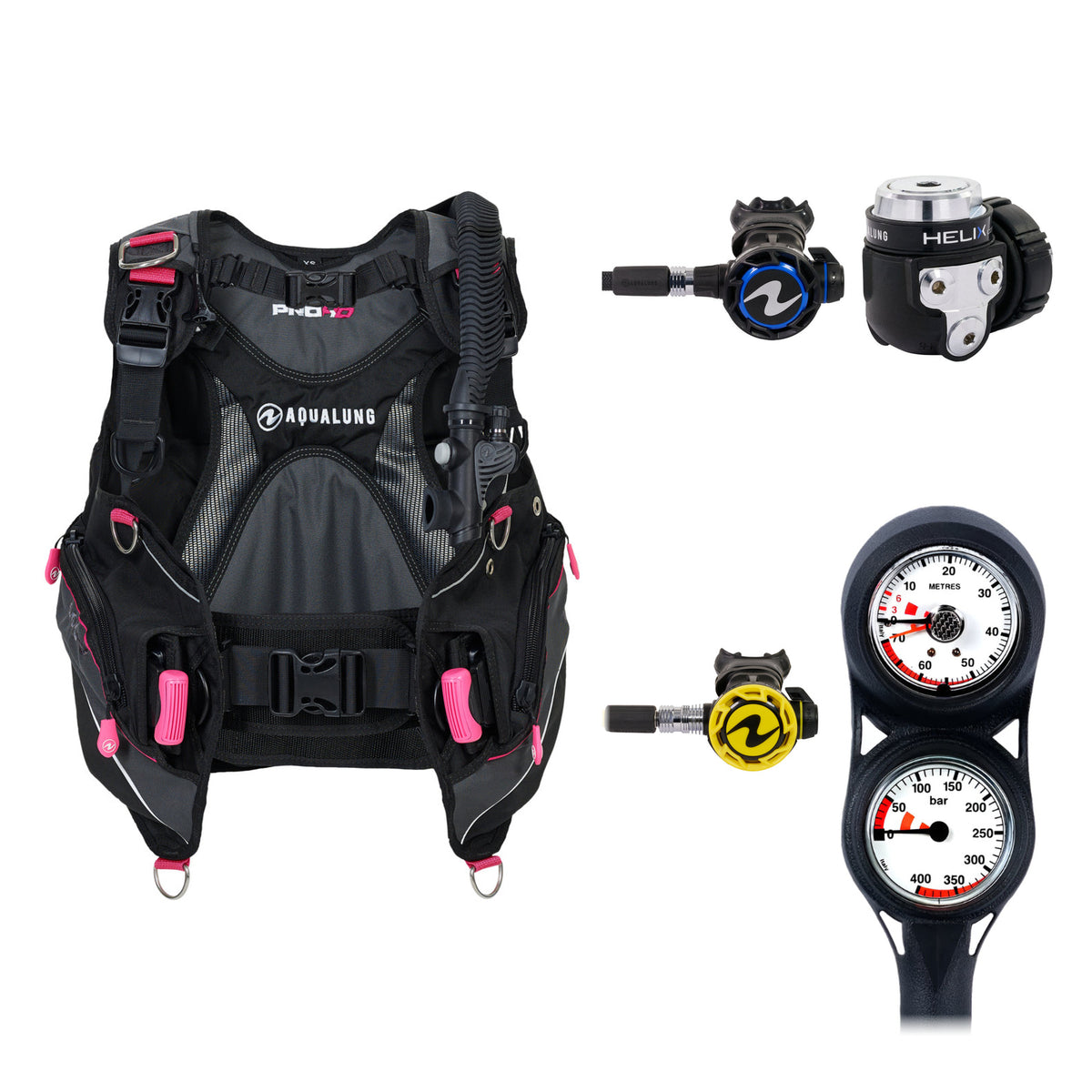 Aqua Lung Pro HD women's BCD in black and pink, Helix Compact regulator and two-gauge console, with the Helix Compact Octopus Pro octopus