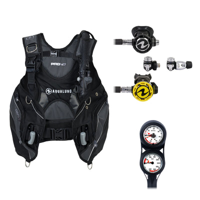 Aqua Lung Pro HD men's BCD in black and grey, Helix Compact Pro regulator with its yellow octopus and two-gauge console