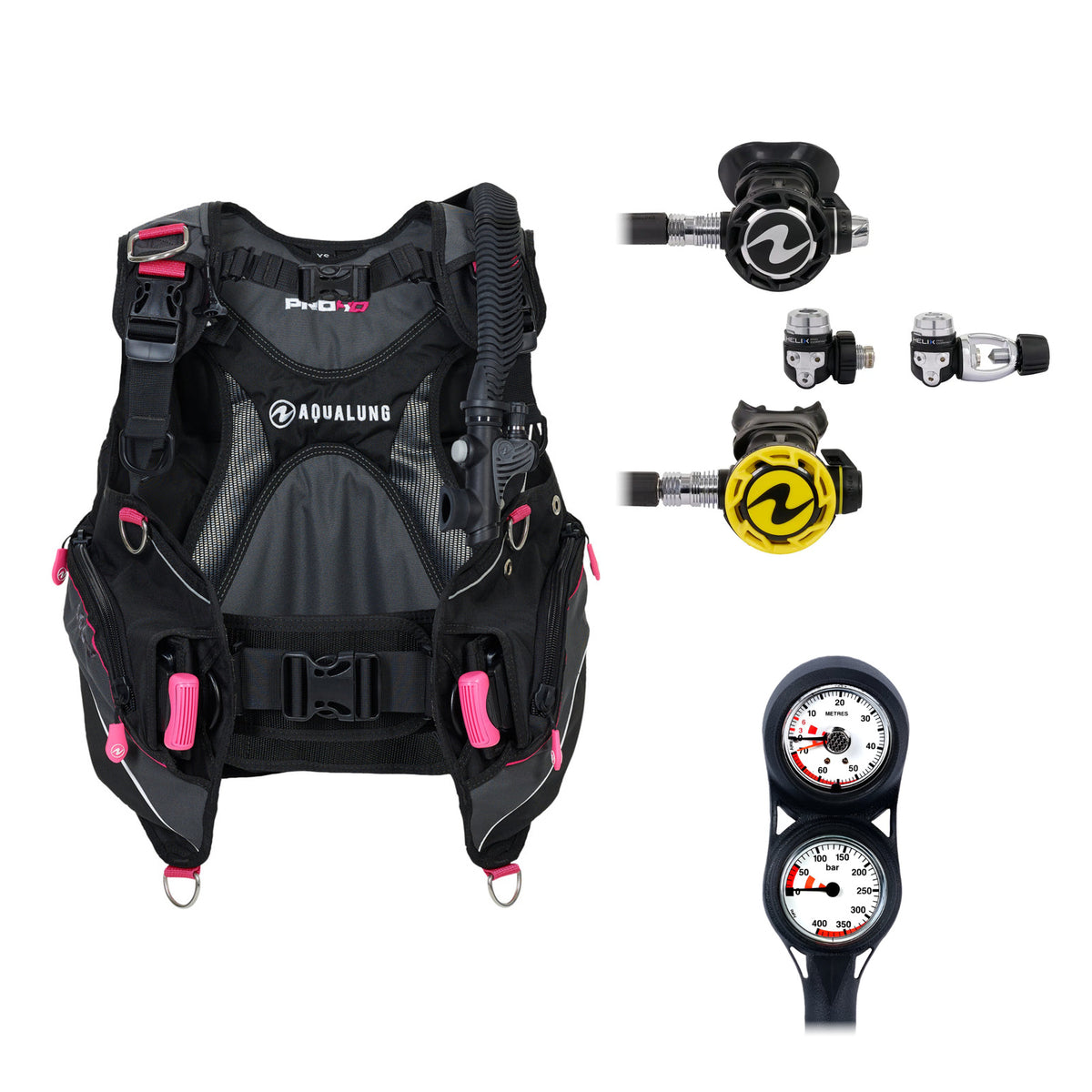 Aqua Lung Pro HD women's BCD in black and pink, Helix Compact Pro regulator with its yellow octopus and two-gauge console
