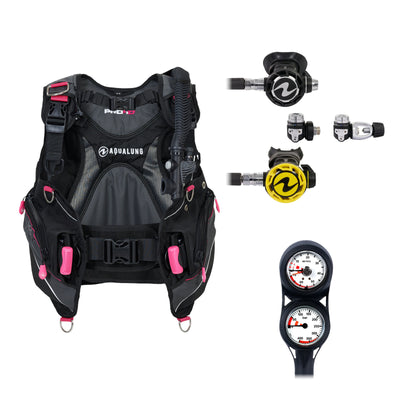 Aqua Lung Pro HD women's BCD in black and pink, Helix Compact Pro regulator with its yellow octopus and two-gauge console