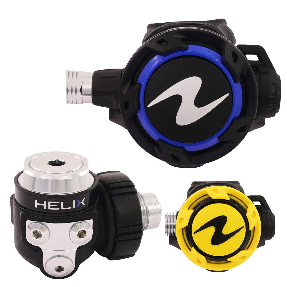Aqua Lung Helix pack laid out, showing the blue-ringed primary second stage, the Helix first stage and the yellow octopus