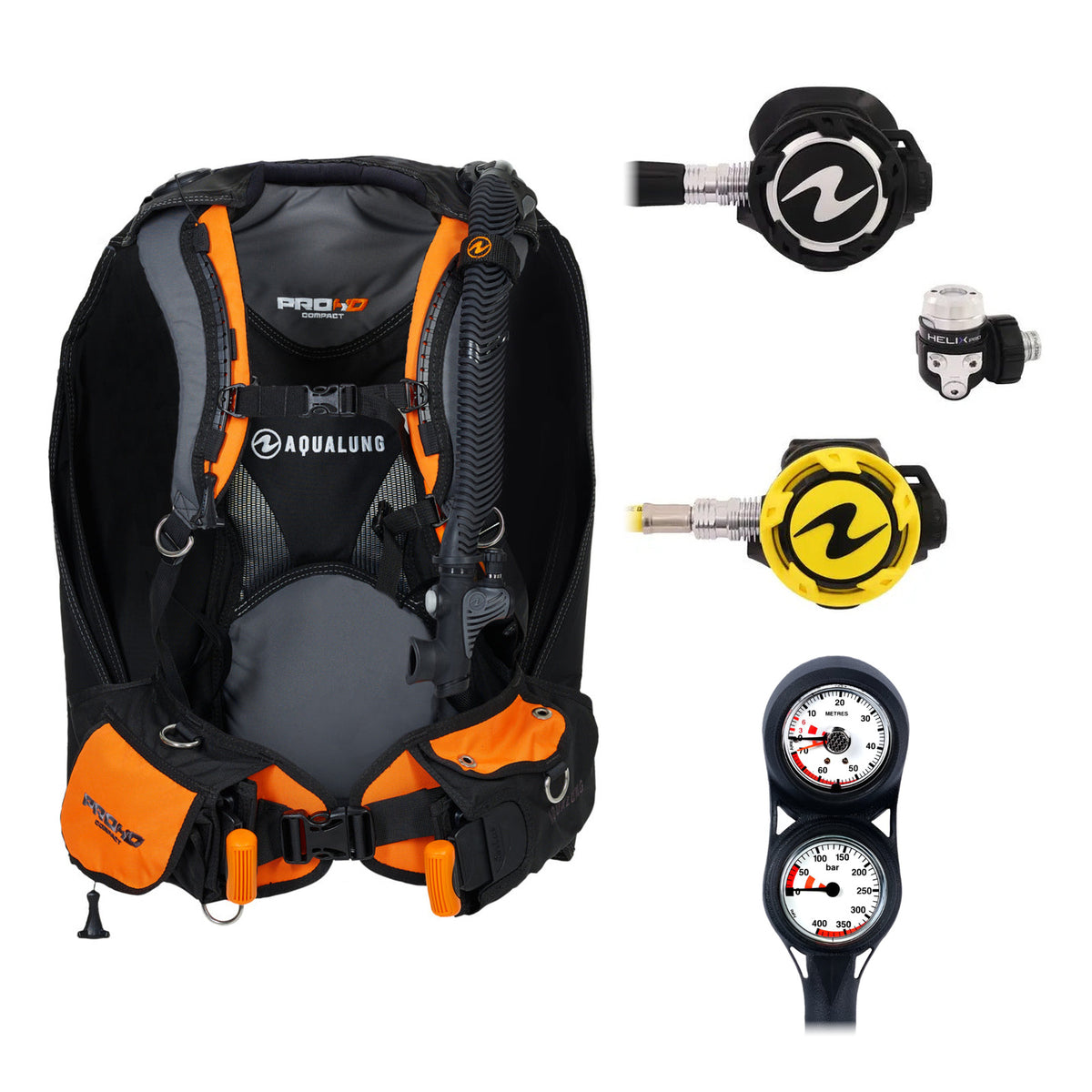 Aqua Lung Pro HD Compact BCD in black and orange, Helix Pro regulator with its yellow octopus and two-gauge console