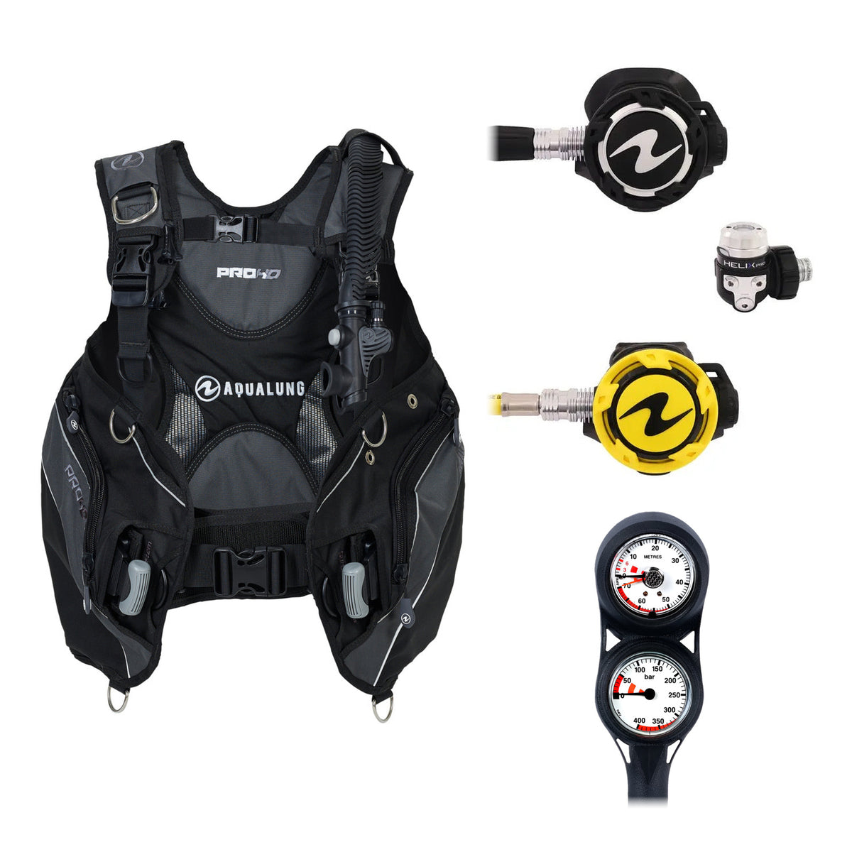 Aqua Lung Pro HD men's BCD in black and grey, Helix Pro regulator with its yellow octopus and two-gauge console