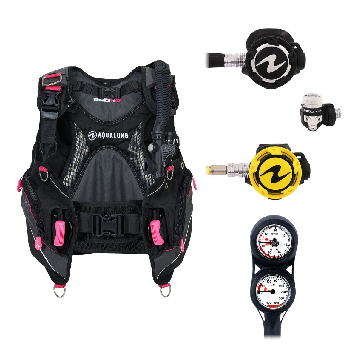 Aqua Lung Pro HD women's BCD in black and pink, Helix Pro regulator with its yellow octopus and two-gauge console