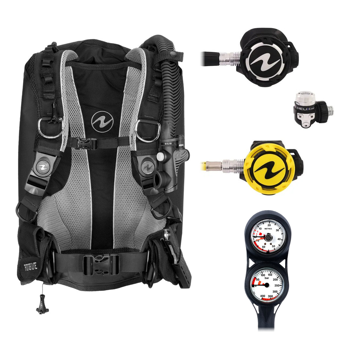 Aqua Lung Rogue BCD in black and grey, Helix Pro regulator with its yellow octopus and two-gauge console