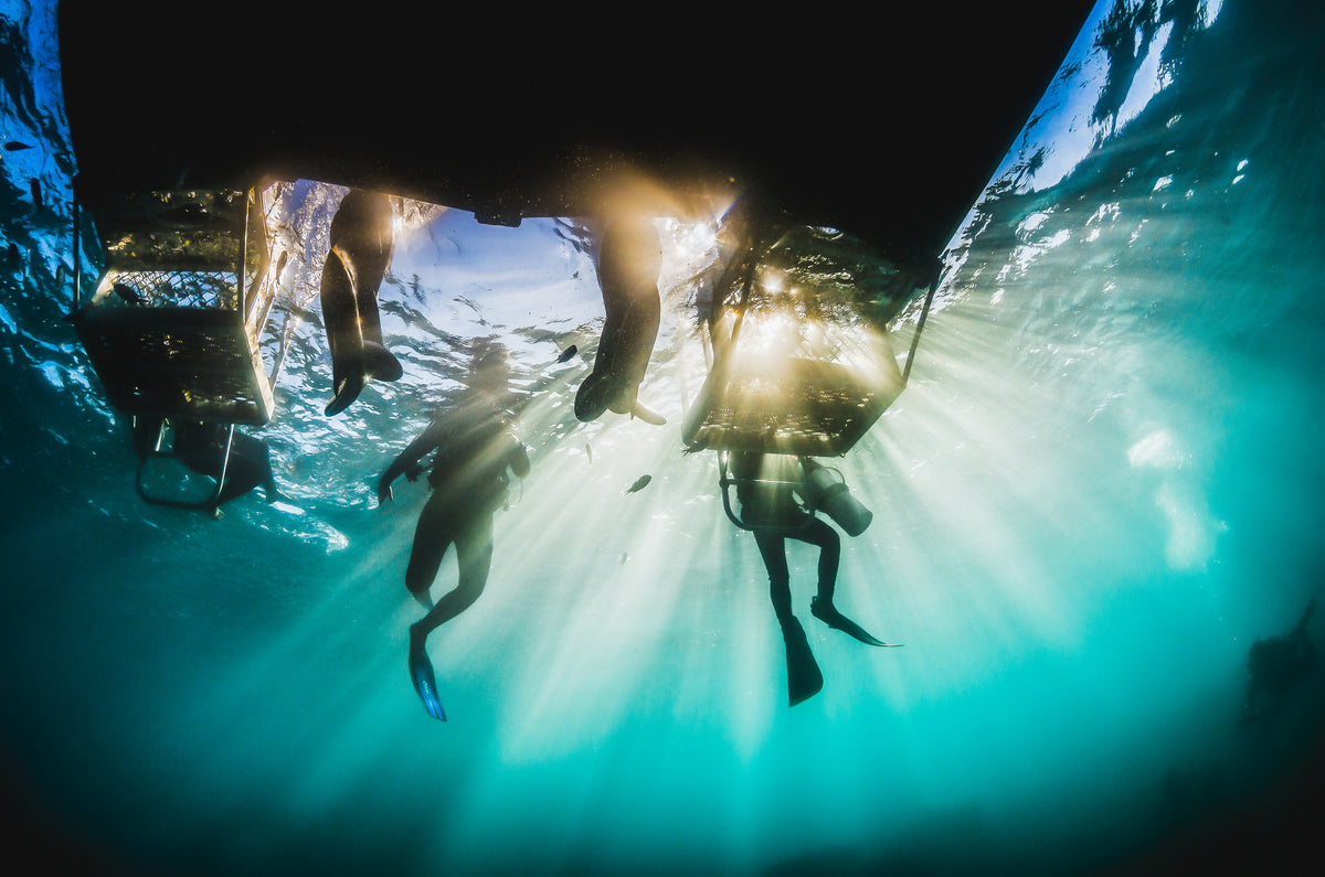 Scuba divers heading down beneath a dive boat, with sunlight streaming through the water