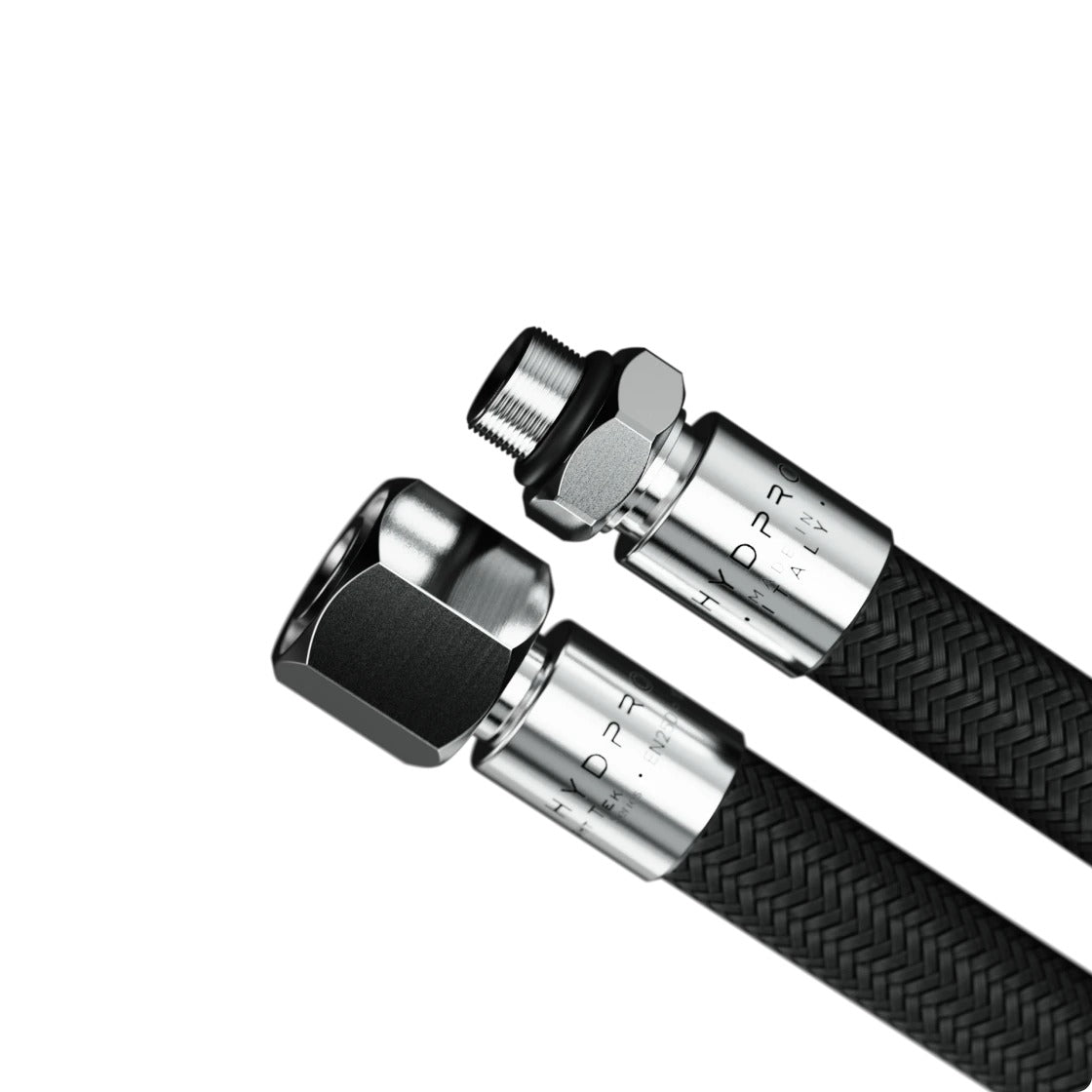 Hydpro Bright Tek LP Regulator Hose in black braid, coiled with both fittings