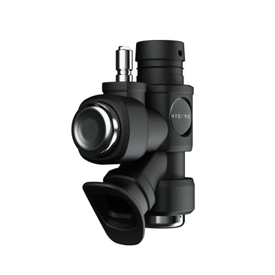 Hydpro Power Q01 Code power inflator at an angle showing the metal button and mouthpiece