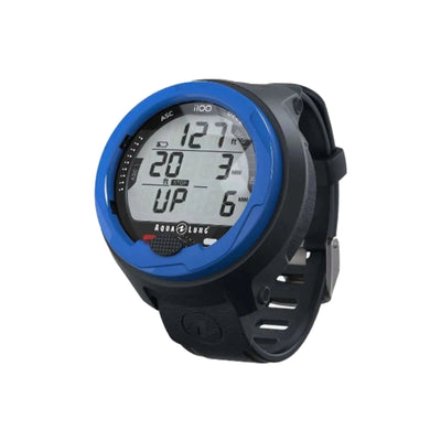 Aqua Lung i100 dive computer in blue, three-quarter view showing the case profile and moulded strap