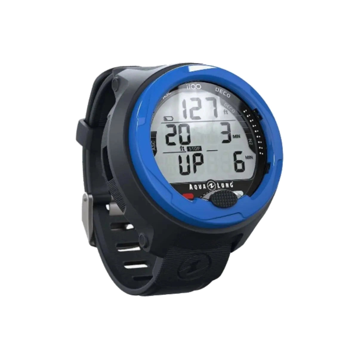 Aqua Lung i100 dive computer in blue, face-on view of the segment display showing depth, no-deco time and dive time