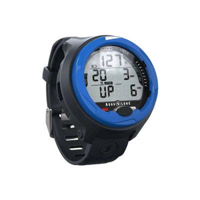 Aqua Lung i100 dive computer in blue, angled view showing the bezel, buttons and strap keeper