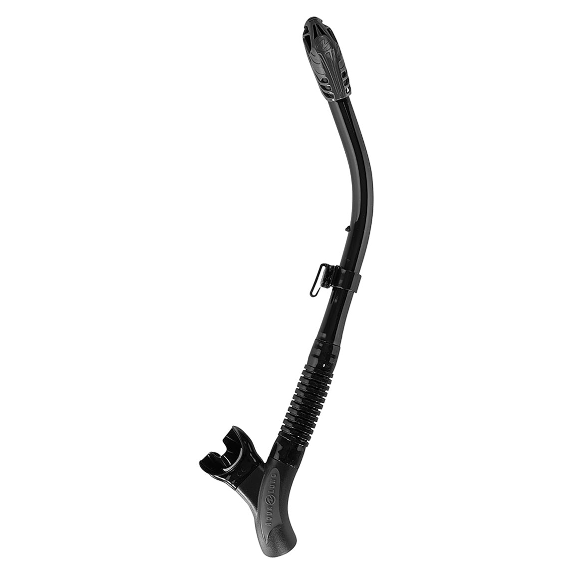 Aqua Lung Impulse Dry snorkel in black, side view showing the forward-facing dry valve and the purge at the base